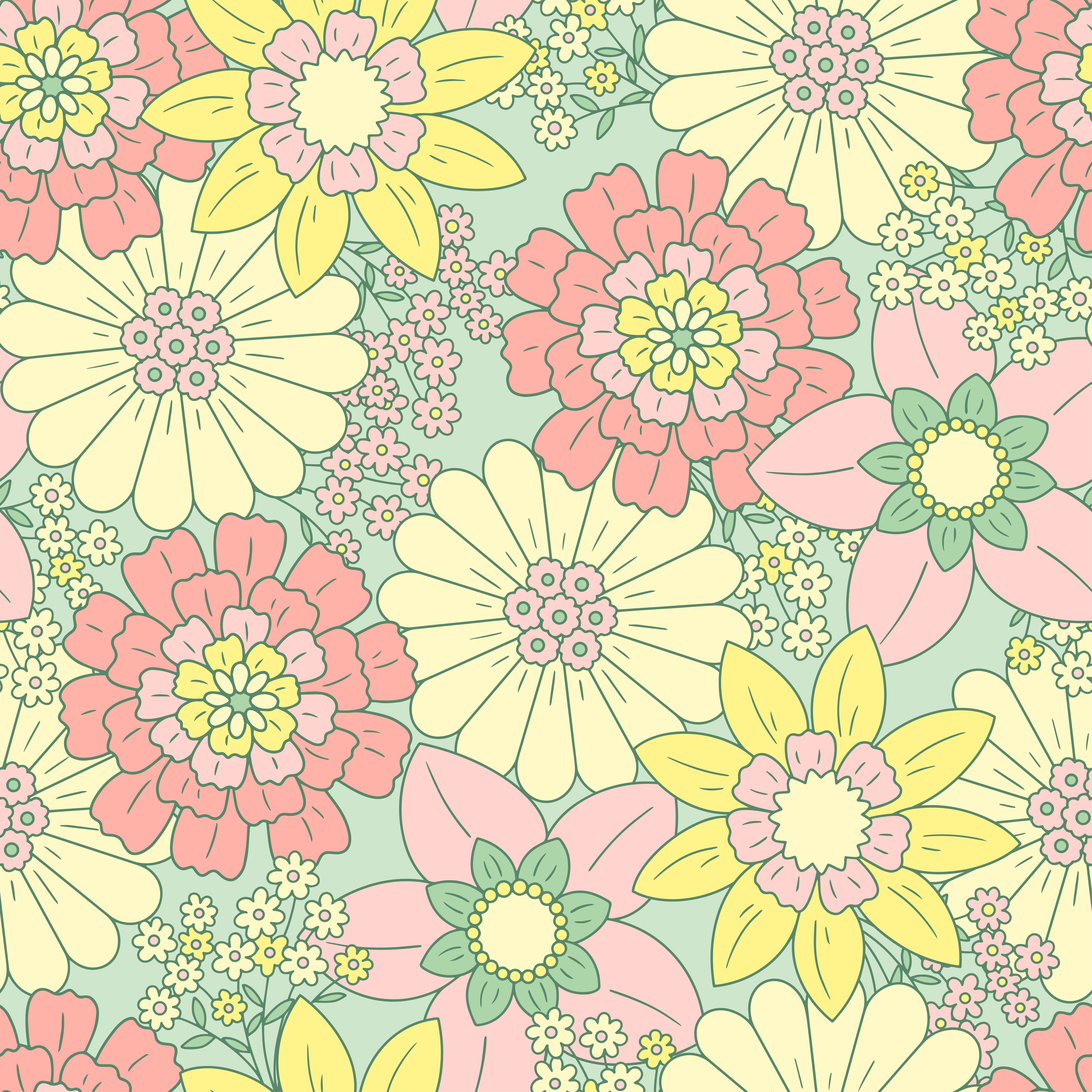 Pastel Green, Pink, Yellow Retro Flowers Seamless Pattern